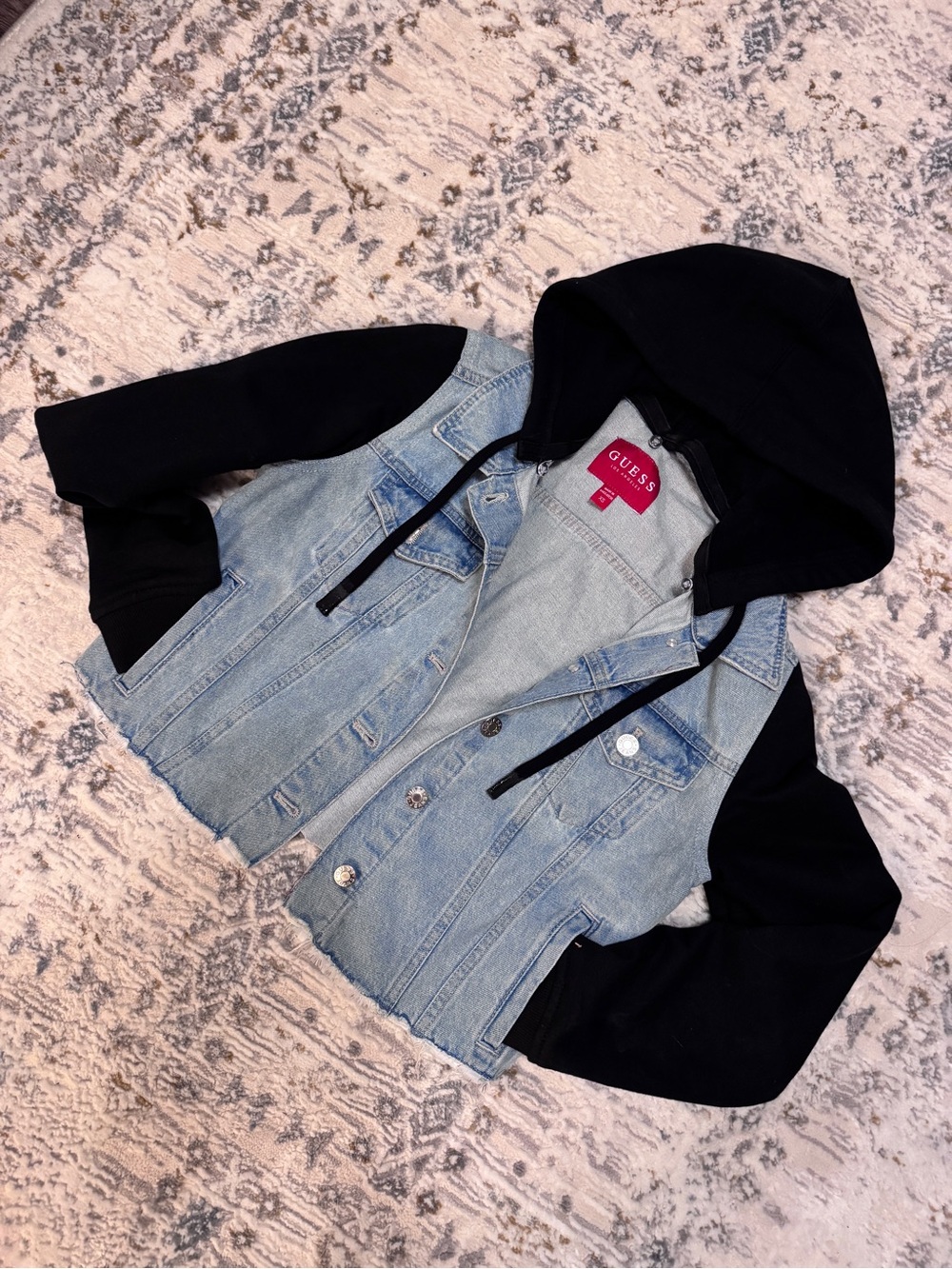Cropped Guess Light Blue Denim Jacket with Black Hood & Sleeves